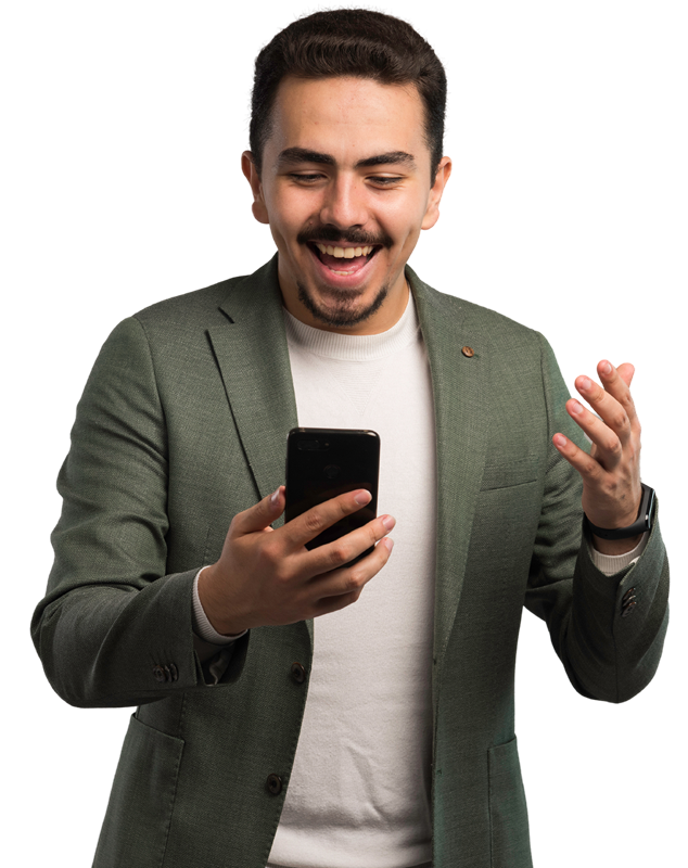 Happy customer checking loan approval on phone