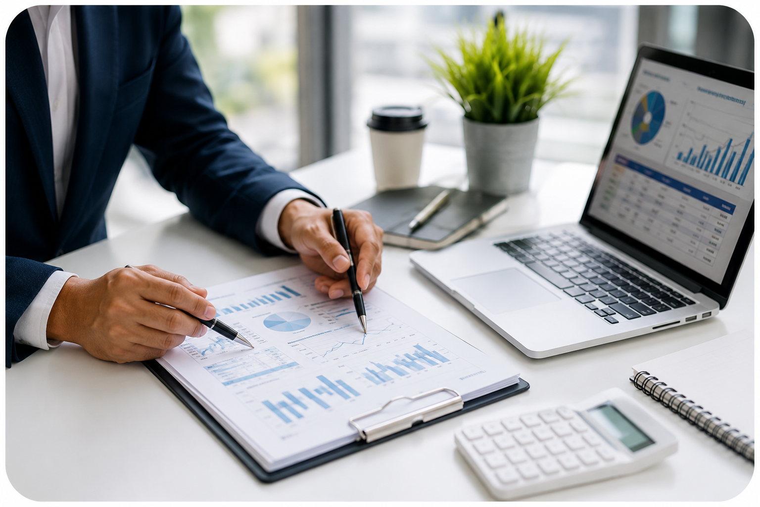 Financial advisor reviewing investment reports